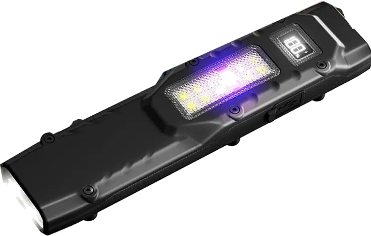 RavenTorch EDC flashlight with the side panel in ultraviolet mode