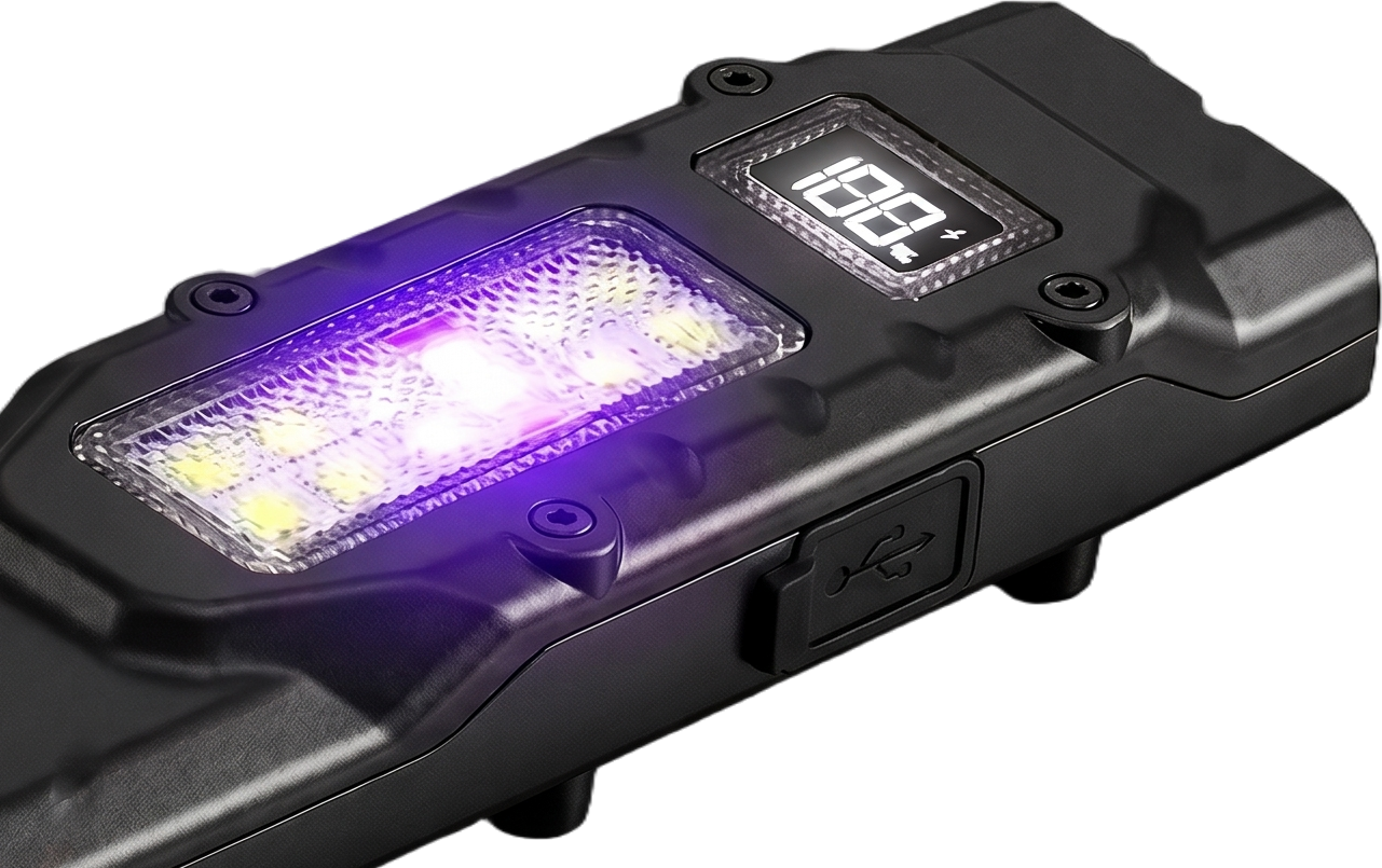 Close view of the side COB panel, the digital battery display and the USB-C port