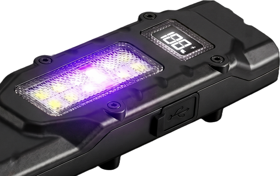 Close view of the side COB panel, the digital battery display and the USB-C port