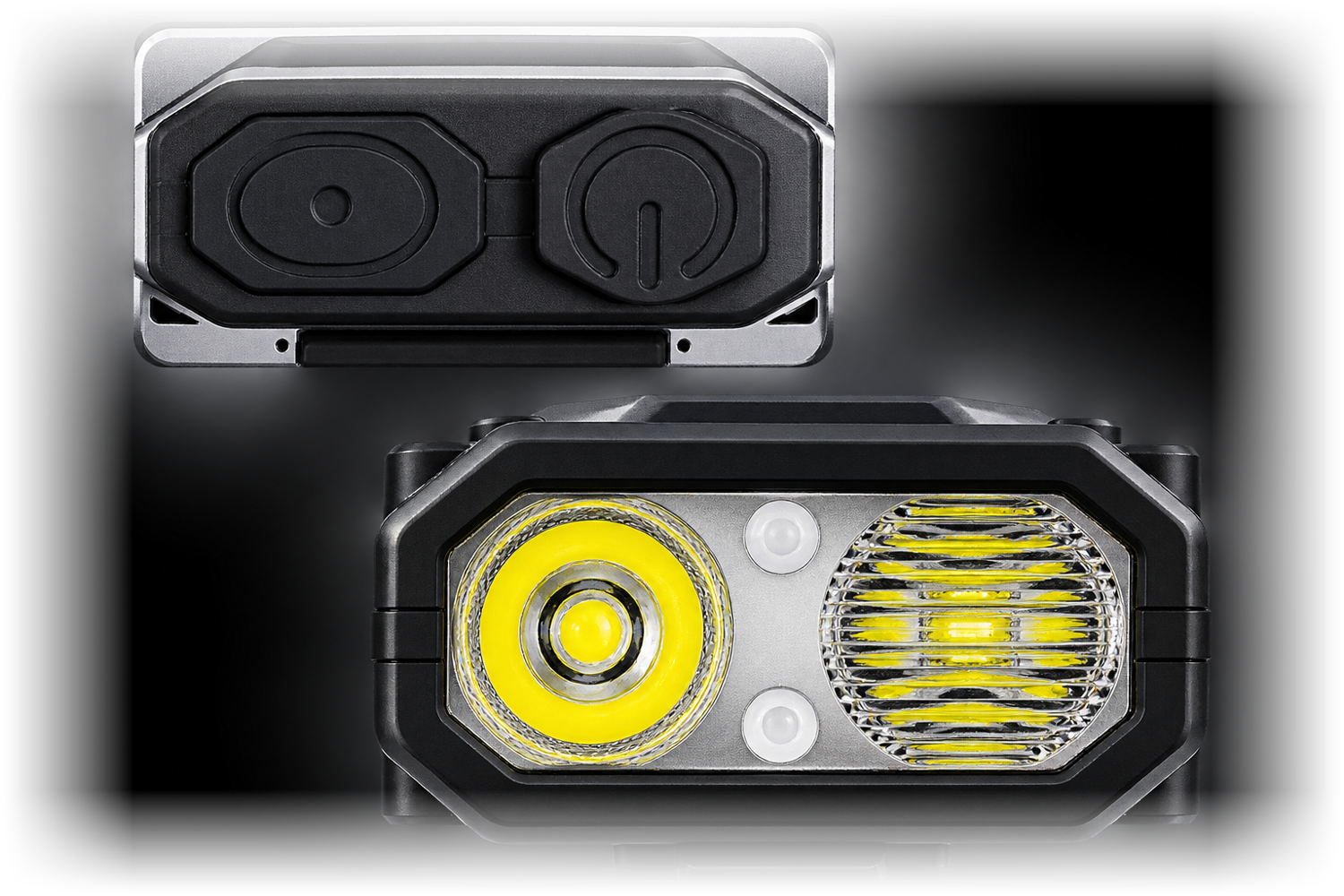 RavenTorch EDC flashlight from the back and the front: the two switches, and the bezel with the main LED, the COB panel and the two small emitters