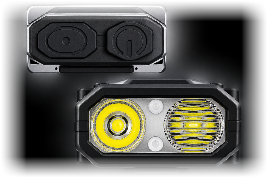 RavenTorch EDC flashlight from the back and the front: the two switches, and the bezel with the main LED, the COB panel and the two small emitters