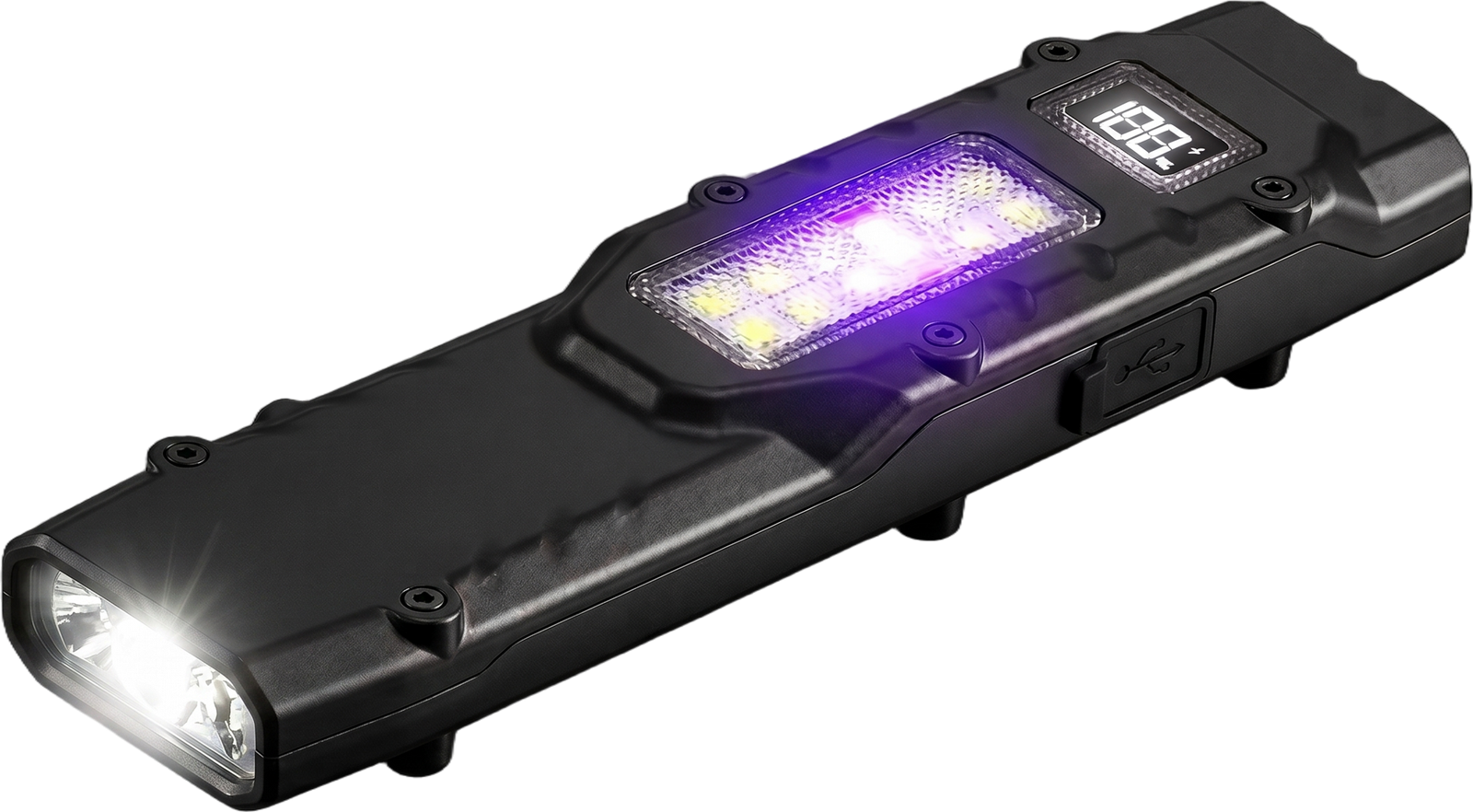 RavenTorch EDC flashlight, main beam lit, side panel showing white and UV LEDs and the digital battery display