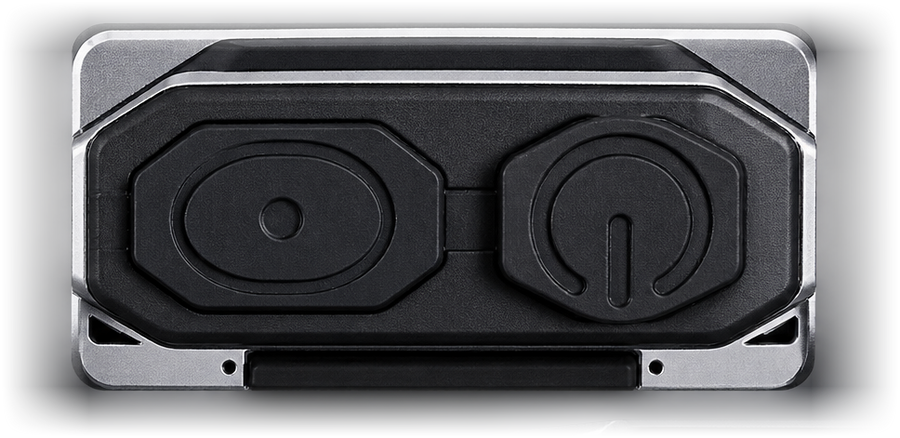 The two independent switches on the back of the RavenTorch, with the belt clip below