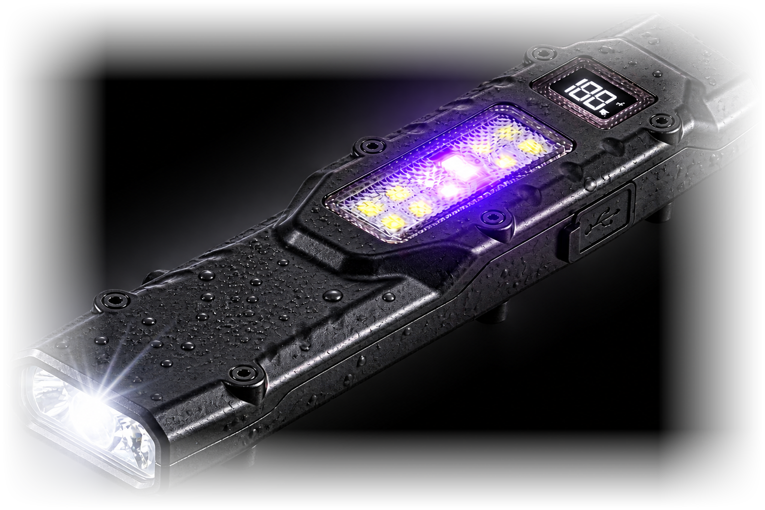 RavenTorch EDC flashlight beaded with water, main beam lit and the side panel showing white and UV LEDs